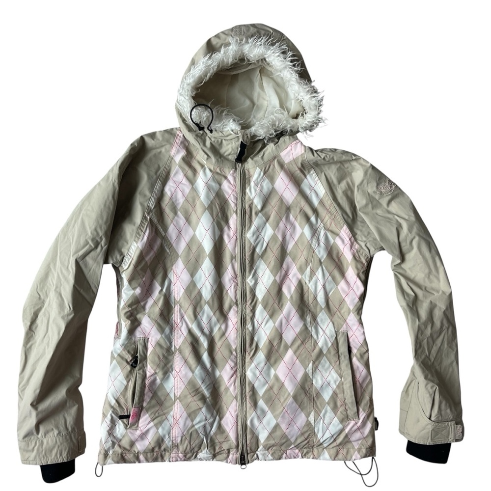 VINTAGE Y2K ROXY WOMENS ARGYLE PINK TAN WINTER SKI JACKET MEDIUM